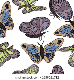 Vector illustration Pattern of butterflies. Line art. Abstract background Creative design element. Seamless texture for print, fabric, packaging, wallpaper.