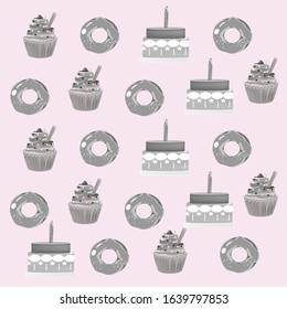 Vector illustration. Pattern: cakes, donuts in black and white