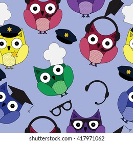 Vector illustration. Pattern cartoon owls in the images of different professions.