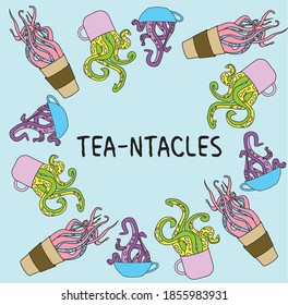 Vector illustration of a pattern of cartoon tentacles in tea mugs on a blue background