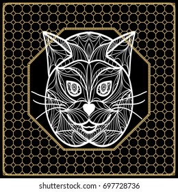 vector illustration. pattern with cat face, decorative border. design for print fabric, bandana. black, gold color
