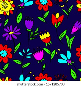 
vector illustration of a pattern of colorful flowers on a dark background