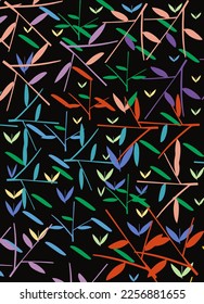 vector illustration of a pattern of colorful leaves and stems on a black background