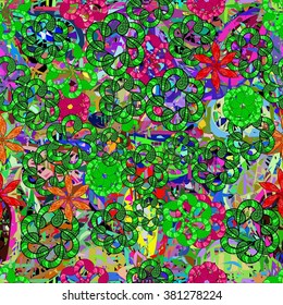 Vector Illustration of pattern with colorful leaves and flowers.