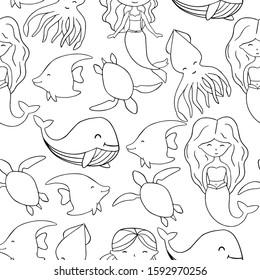 
vector illustration pattern coloring book sea animals, mermaids black and white drawing on a white background