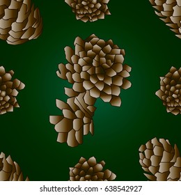 Vector illustration pattern of cones on dark green background.