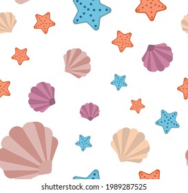 Vector illustration. A pattern consisting of seashells and starfish. Can be used for packaging and other textiles.