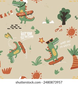 A vector illustration pattern of a crocodile playing skateboard, suitable for kids t-shirt designs, baby showers, and textile print fabric.