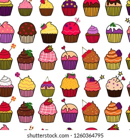 Vector illustration pattern of cupcakes with different sweets.