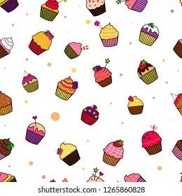 Vector illustration pattern of cupcakes with different sweets.