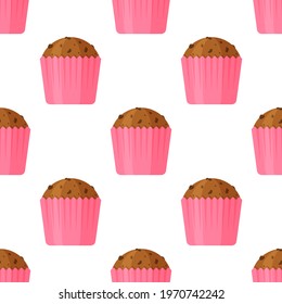 Vector illustration of the pattern of cupcakes in pink cups. The St. Patrick's Day pattern consists of many identical muffins on a white background.