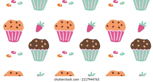 Vector illustration. Pattern with cupcakes and strawberries