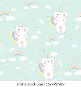 Vector illustration .Pattern with cute caticorn and clouds and a rainbow.Fairyland.