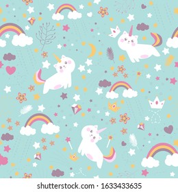 Vector illustration .Pattern with cute caticorn and clouds and a rainbow.