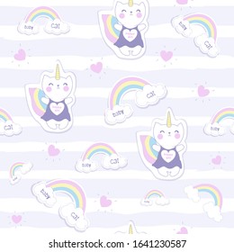 Vector illustration .Pattern with cute caticorn and clouds and a rainbow.Fairyland.
