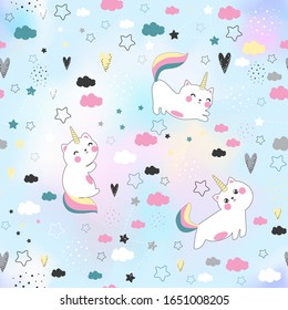 Vector illustration .Pattern with cute caticorn and clouds and a rainbow.Fairyland.