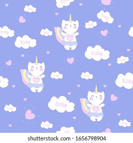 Vector illustration .Pattern with cute caticorn and clouds and a rainbow.Fairyland.