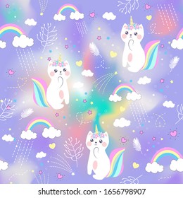 Vector illustration .Pattern with cute caticorn and clouds and a rainbow.Fairyland.