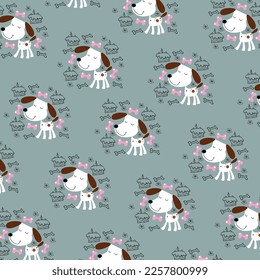 Vector illustration pattern with cute puppies. Background for fabric, textile design, wrapping paper or wallpaper