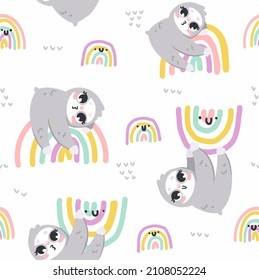 Vector illustration pattern. Cute sloths dangling from a rainbow.Smiling multicolored rainbows.Fun children's seamless background.Can be used as a print for children's clothing and other