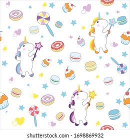 Vector illustration .Pattern with cute unicorn and sweets.