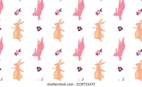Vector illustration Pattern with dancing Easter bunnies with flowers on a white background
