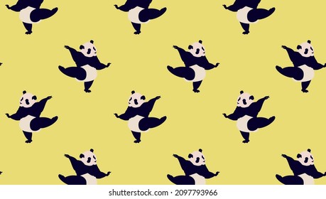 Vector illustration. A pattern with a dancing panda on a yellow background. Wildlife, wildlife