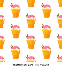 Vector illustration of a pattern of delicious ice cream on a white background. Ice cream cone with cinnamon and strawberries. 