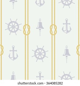 vector illustration pattern depicting the bell ship helm anchor rope in vintage style / vector pattern ship accessories and rope with a knot