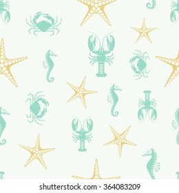 vector illustration pattern depicting crab seahorse starfish crab on a white background in vintage style / vector pattern seahorse lobster crab and starfish