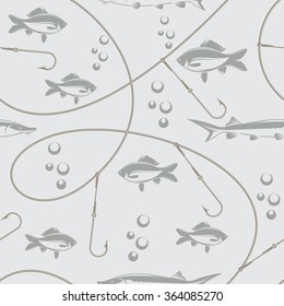 vector illustration pattern depicting a fishing tackle and fish in vintage style / fishing vector pattern