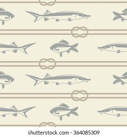 vector illustration pattern depicting rope and fish in vintage style / vector pattern of fish and a rope with a knot