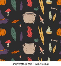 Vector illustration pattern doodle Halloween holiday autumn colorful leaves and pumpkin, bones, potions, cauldron, witch hat, dagger on black background.