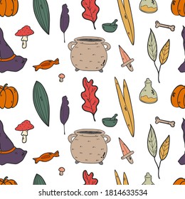 Vector illustration pattern doodle Halloween holiday autumn leaves and pumpkin, bones, potions, cauldron, witch hat, dagger on white background