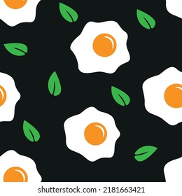 vector illustration. pattern with eggs and greens. scrambled eggs on a black background. arugula. wallpaper or seamless background. breakfast. food. pattern. leaf. print