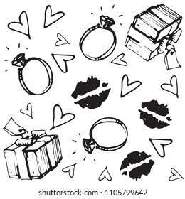 Vector illustration pattern of engagement ring and box surrounded with love hearts and kisses in black ink for Valentines day