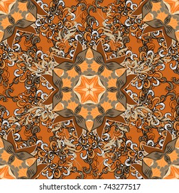 Vector illustration. Vector pattern. Exploding flowers abstractly placed. Gentle, spring floral on orange, beige and black colors.