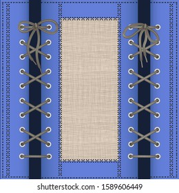 Vector illustration pattern fabric jeans and canvas burlap natural. Beautifully stitched threads cross stitch embroidery.