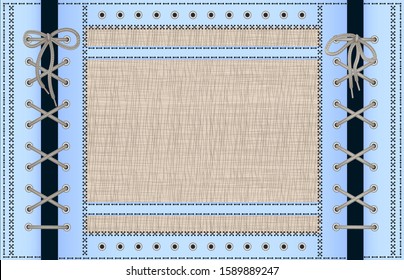 Vector illustration pattern fabric jeans stitched and canvas burlap natural. Beautifully stitched cross stitch thread embroidery, lace-up tie.