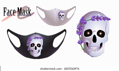 Vector illustration of a pattern for a facial mask. Skull with lavender flower on face mask.