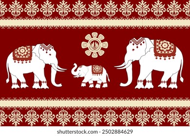Vector illustration of a pattern featuring silhouetted elephants, traditional ethnic, fabric pattern for textiles, rugs, wallpaper, clothing, sarong, batik, wrapping, embroidery, print, background