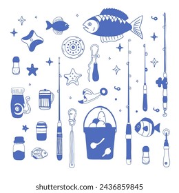 Vector illustration, pattern for fishing, fish, rods, hooks, bait, bucket