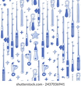  Vector illustration, pattern for fishing, fish, rods, hooks, bait, bucket