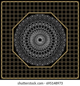vector illustration. pattern with floral mandala, decorative border. design for print fabric, bandana. black, gold color