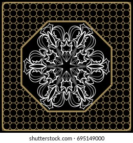 vector illustration. pattern with floral mandala, decorative border. design for print fabric, bandana. black, gold color
