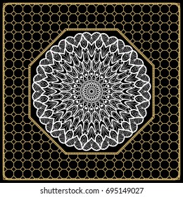 vector illustration. pattern with floral mandala, decorative border. design for print fabric, bandana. black, gold color