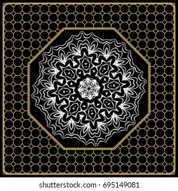 vector illustration. pattern with floral mandala, decorative border. design for print fabric, bandana. black, gold color