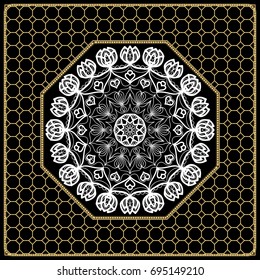 vector illustration. pattern with floral mandala, decorative border. design for print fabric, bandana. black, gold color