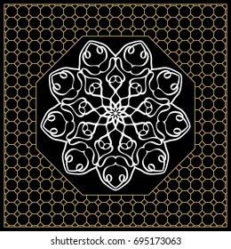 vector illustration. pattern with floral mandala, decorative border. design for print fabric, bandana. black, gold color