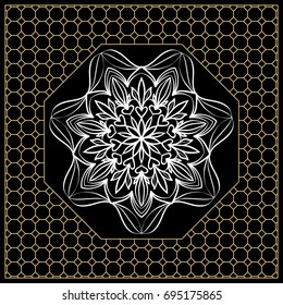 vector illustration. pattern with floral mandala, decorative border. design for print fabric, bandana. black, gold color